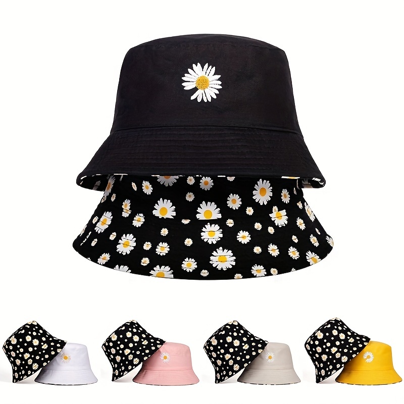 Bucket Hat Embroidered - 여성용 여름 데이지 양면 버킷 모자,