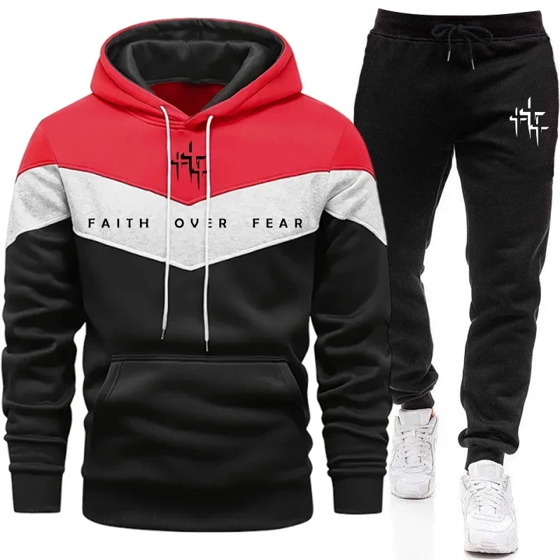 Street Fashion Hoodie - Faith Over Fear 남성용 트레이닝복 세트: