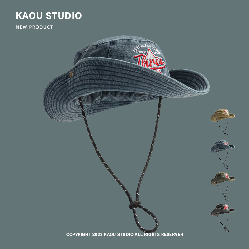Bucket Hat Embroidered - 레트로 편지 수 놓은 카우보이 모자