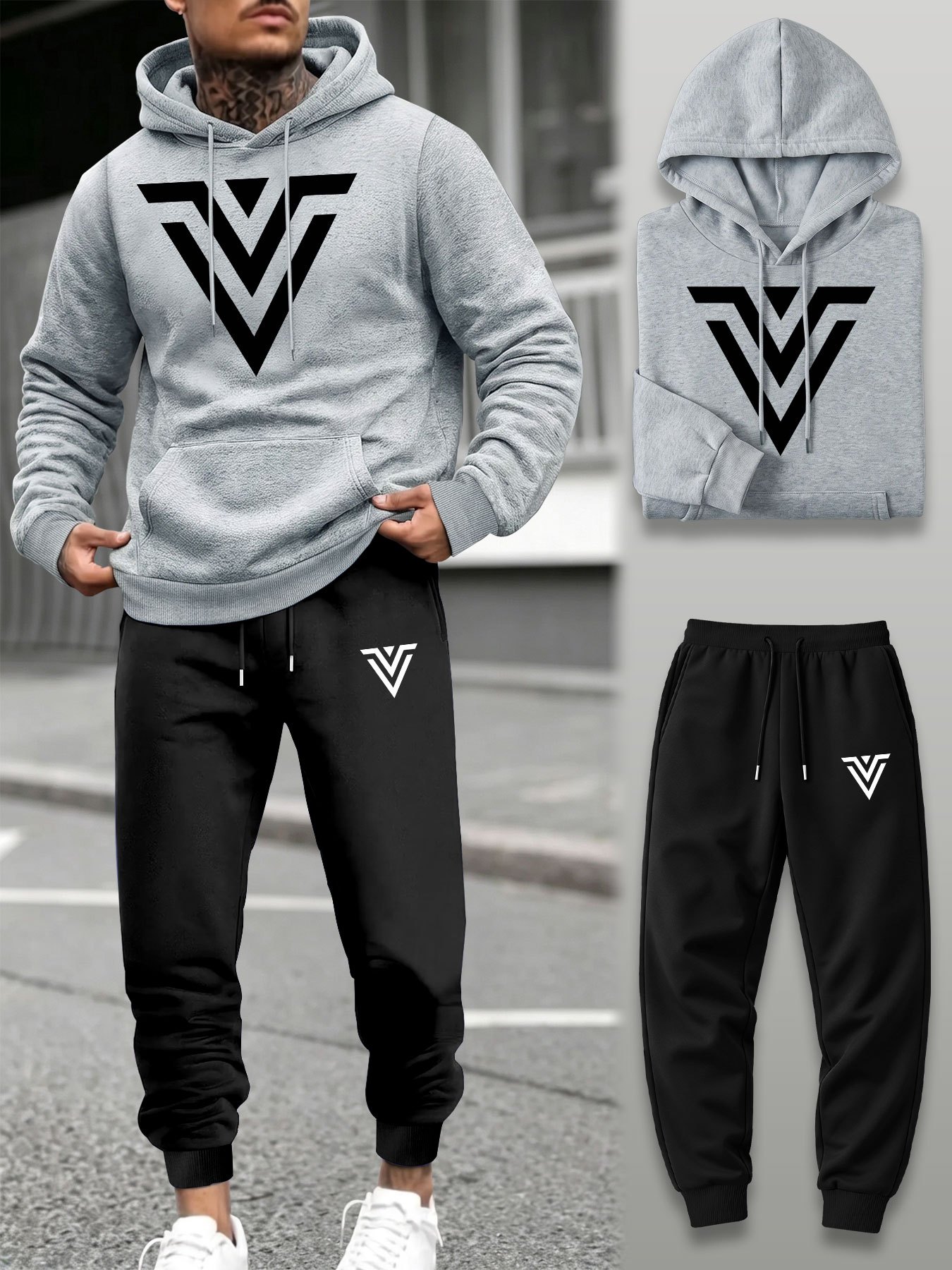 Running Pant Jogger - 남성용 2피스 트랙수트 V자형 그래픽 프린트