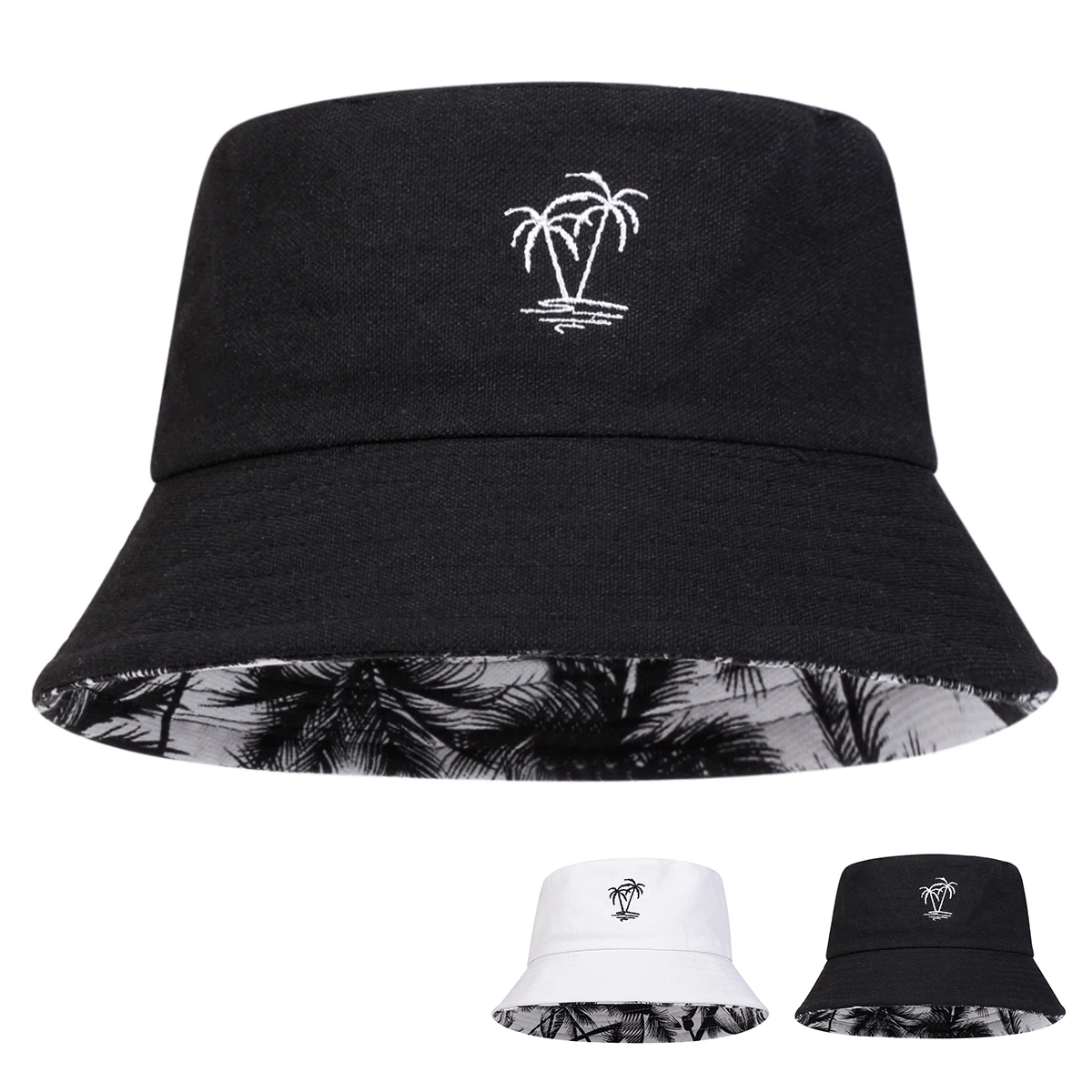 Bucket Hat Embroidered - 유니섹스 코코넛 나무 자수 양면 착용