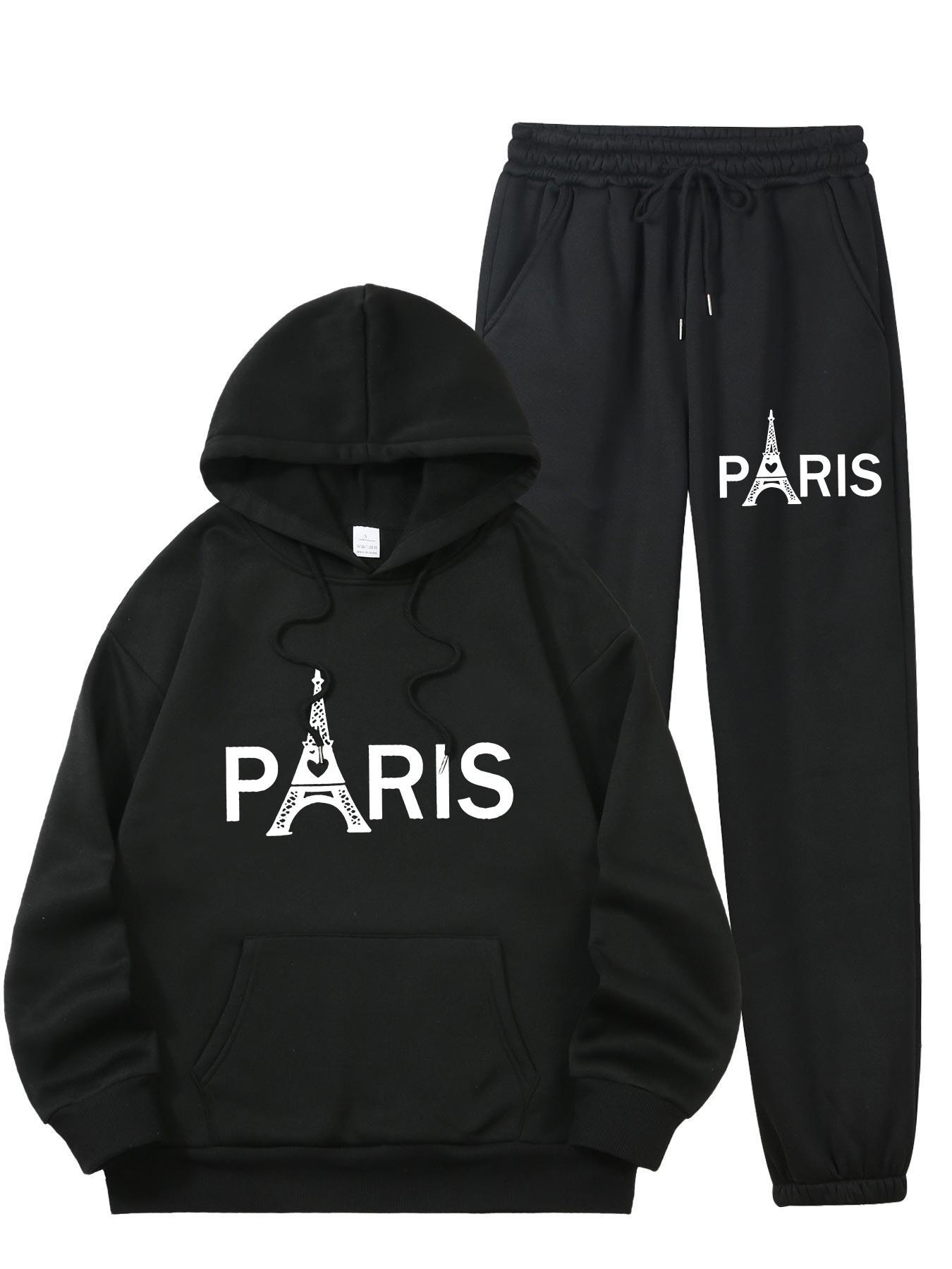 여성용 파리 에펠탑 프린트 2피스 트레이닝복, 캐주얼  - Street Fashion Hoodie 리뷰 및 가격