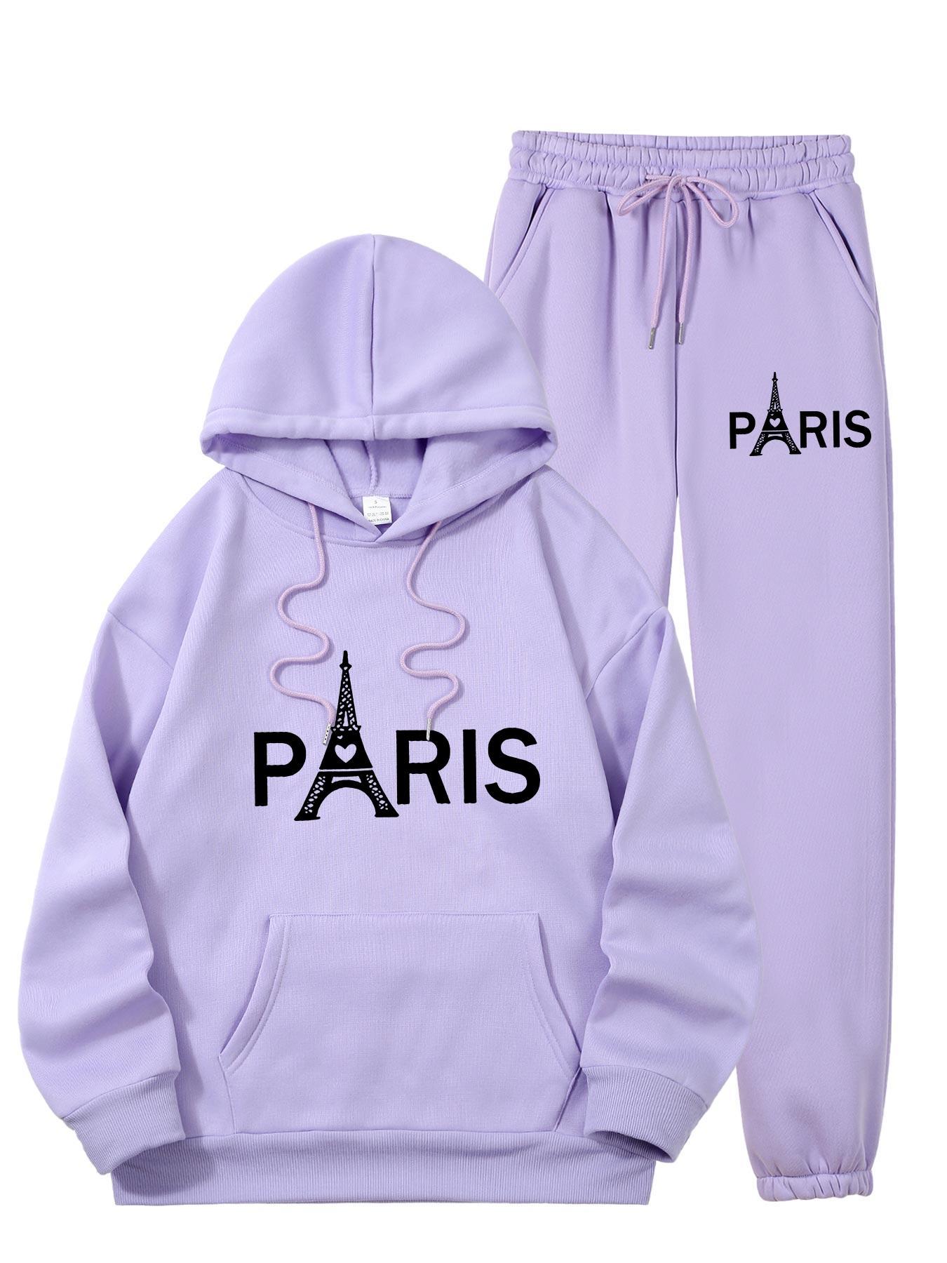 여성용 파리 에펠탑 프린트 2피스 트레이닝복, 캐주얼  - Street Fashion Hoodie 리뷰 및 가격