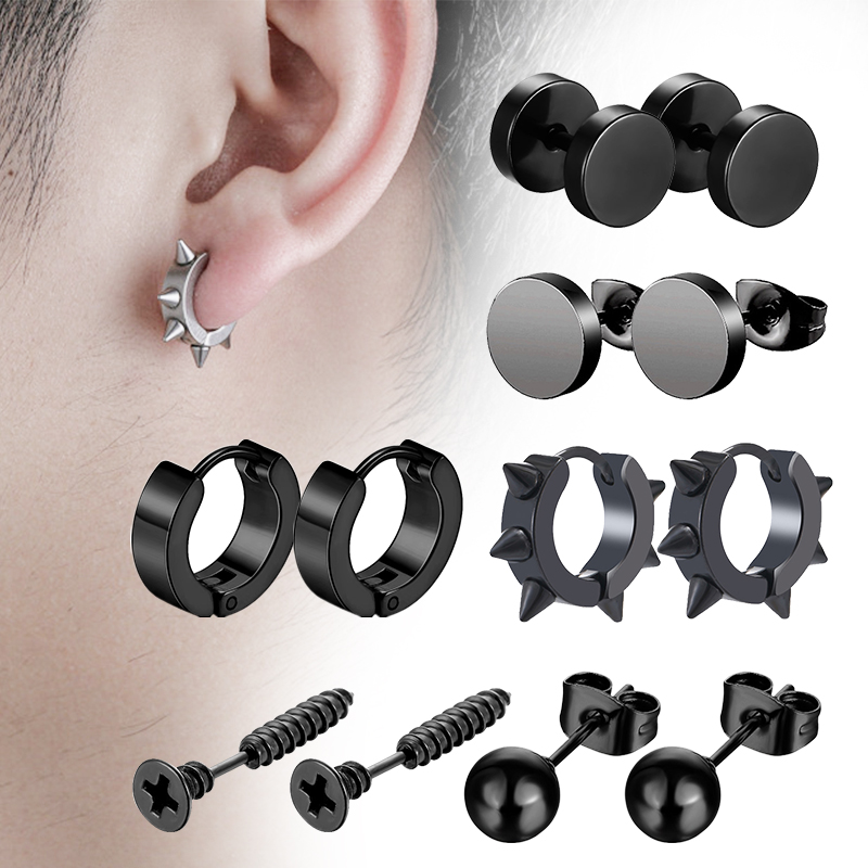 6 쌍 블랙 남여 귀걸이 세트 남성 여성을위한 스테인레 - Street Fashion Earrings 리뷰 및 가격