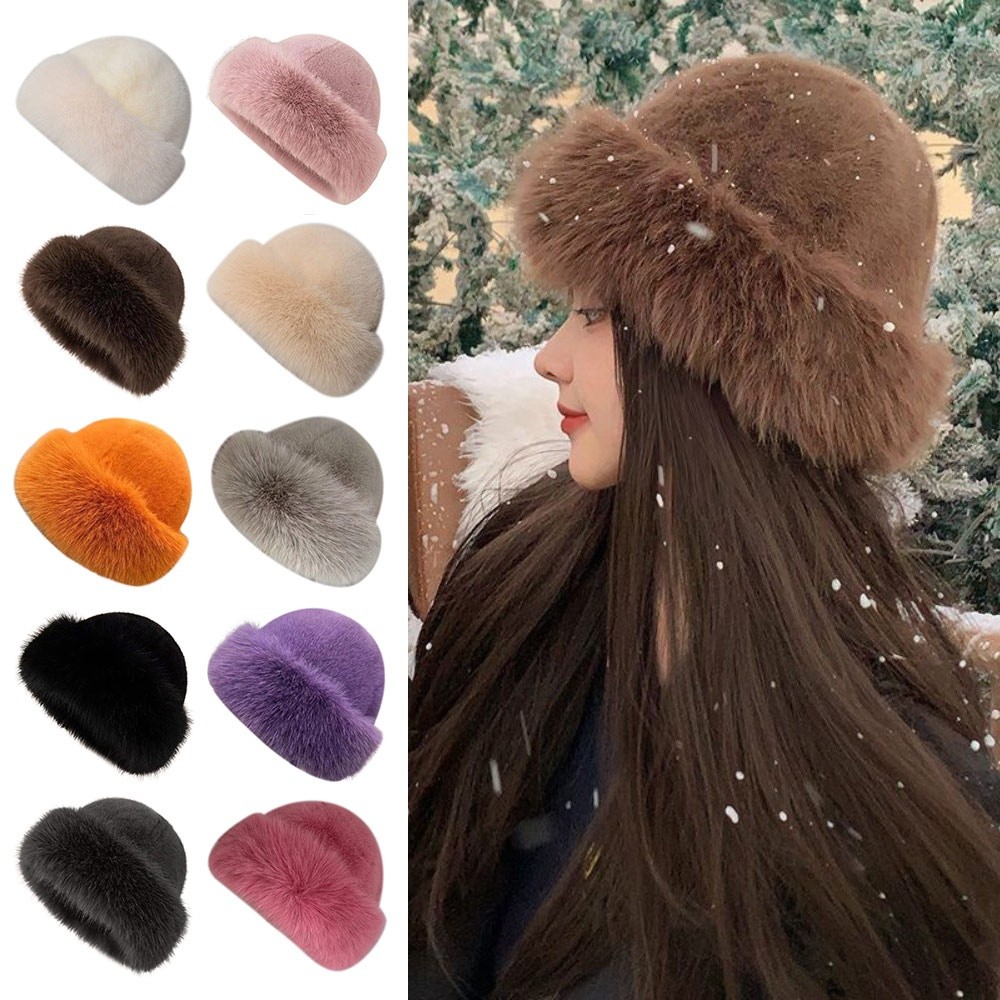 새로운 푹신한 모피 겨울 모자 솔리드 컬러 두꺼운 버킷 - Bucket Hat Embroidered 리뷰 및 가격